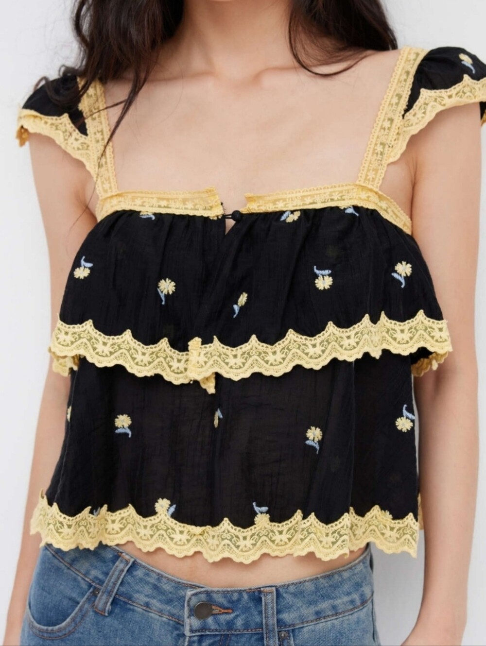 Cider Floral Embroidery Lace Trim Layered Oversized Top L